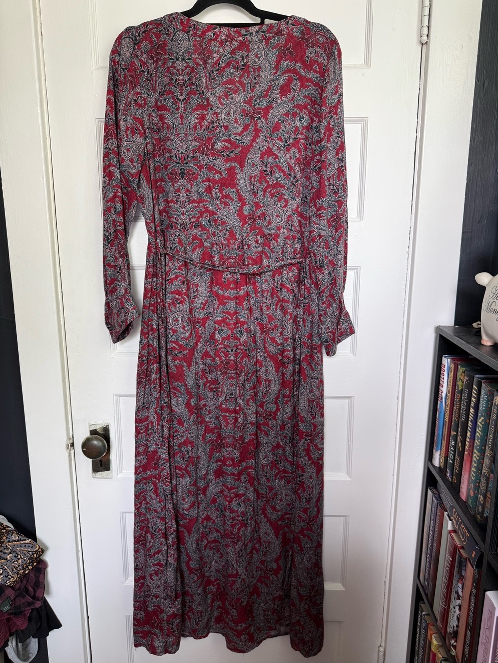 Lucky Brand Red & Grey Paisley Boho-Chic V-Neck Long-Sleeve Maxi Dress 70’s L - Picture 14 of 16